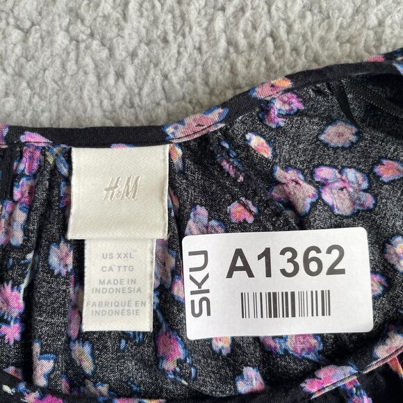 H&M Mini Dress Women Size XXL Black Floral Keyhole Viscose Half Puff Sleeve Boho - Picture 2 of 13